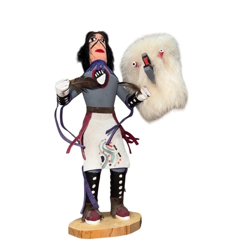 Artist Signed Native American Kachina Doll Figure White Fur Mask 9in collectible